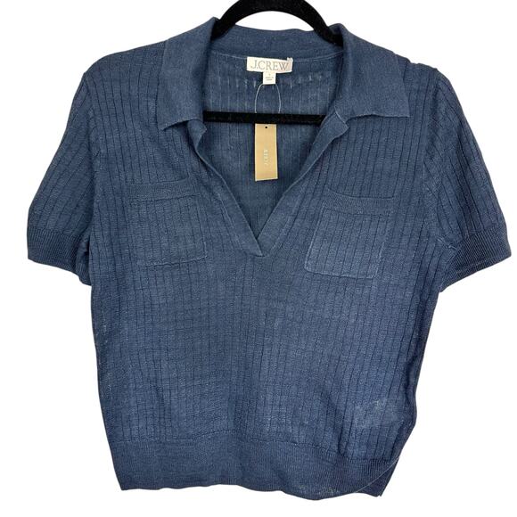 J CREW Women’s Short-sleeve Polo Shirt Navy Linen Johnny Collar Sz Small NWT - Picture 4 of 9